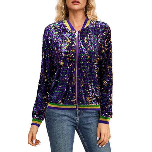 Glitzer Jacke Damen Karneval Blazer Mantel Party Pailletten Coat Pailettenjacke für Damen Glänzend Bomberjacke Kurz Sakko Blazermantel Party Outwear Cardigan Teenager Mädchen Streetwear Clubwear von Briskorry