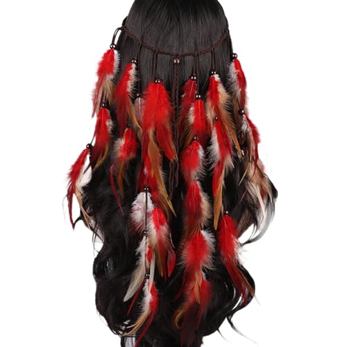 Indianer Kopfschmuck Damen Boho Feder Stirnband Vintage Kopfschmuck Hippie Indische Kopfkette Festival Haarschmuck Tribal Haarschmuck für Frauen und Mädchen (Rot) von Briskorry