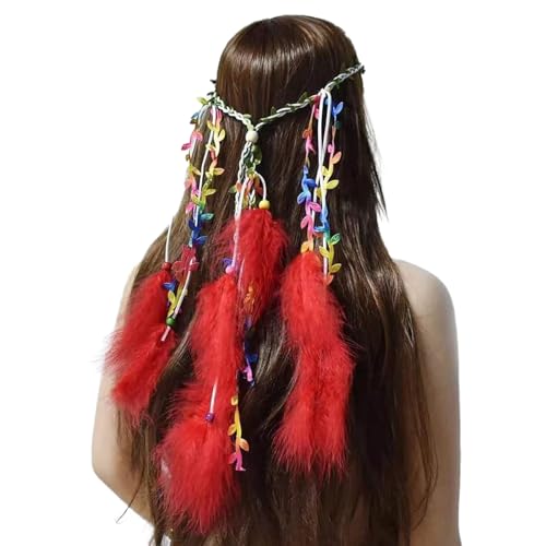 Indische Feder Stirnband Boho Regenbogen Quaste Hippie Kopfschmuck Tribal Kopfschmuck Perlen Festival Party Kopfbedeckung Haarschmuck für Frauen und Mädchen (Rot) von Briskorry