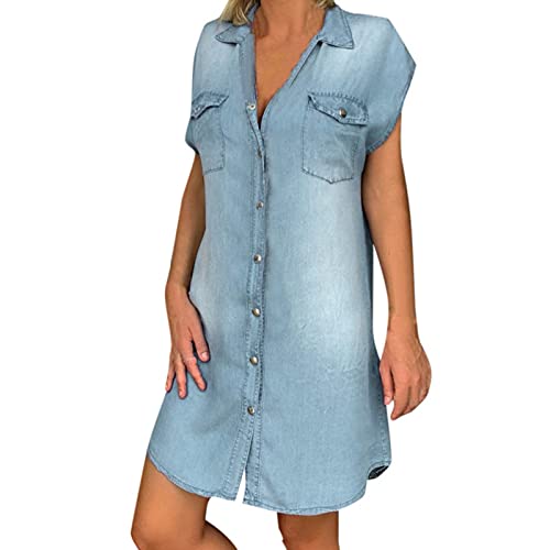 Jeanskleid Damen Knielang, Kurzarm Sommerkleid,Jeans Kleid für Damen,V-Ausschnitt T-Shirt Kleid Damenkleider Tunikakleid Shirtkleid Hemdkleid Denim Kleid Hemdkleid Freizeitkleid Strandkleid von Briskorry