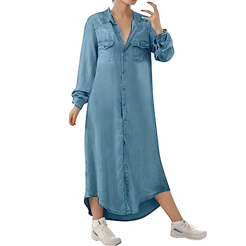 Jeanskleid Damen Langarm V-Ausschnitt Jeanshemd Button Down Denim Shirt Dress Sommer Denim Kleid Blusenkleid Frauen Lässig Maxi Kleider Lose Kleid Strandkleid Freizeitkleid Shirtkleid Tunikakleider von Briskorry