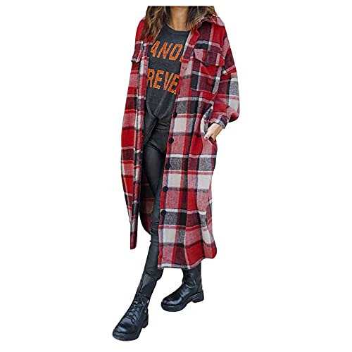 Kariertes Hemd Damen Lang Woolen Mantel Frauen übergangsjacken Lang Revers Wollmantel Rot Parka Damen Herbst Winter Holzfällerjacke Hemdjacke Taschen Elegant und Modisch Mantel Wintermantel Outwear von Briskorry