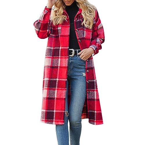 Kariertes Hemd Damen Lang Woolen Mantel Frauen übergangsjacken Lang Revers Wollmantel Rot Parka Damen Herbst Winter Holzfällerjacke Hemdjacke Taschen Elegant und Modisch Mantel Wintermantel Outwear von Briskorry