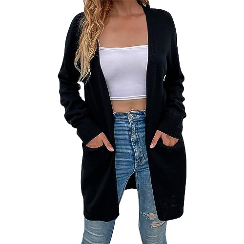 Lange Strickjacke Damen Langarm Elegant Leicht Dünn Cardigan Jacke Elegant Kurzmantel Damen Long Sweatjacke Damen Kurzarm Dünne Baumwolle Shirtjacke Damen Sommer Longjacke (Black, M) von Briskorry