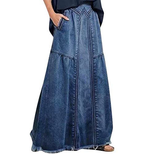 Langer Rock Damen Sommer Lose Jeansrock Einfach Maxirock Casual Jeans Skirt mit Taschen A-Linie Sommerkleid Bequeme Freizeitrock Weiches Strandrock Elegant Wickelrock Leicht Mode Strandkleider von Briskorry