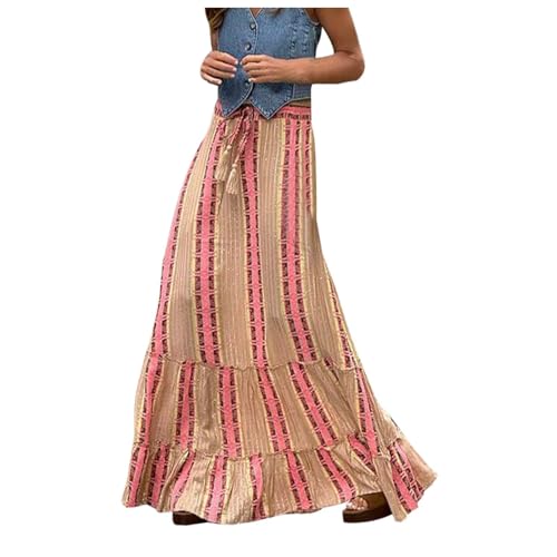 Maxirock Damen Lang Bohemien Maxirock Mode Strandrock Drucken Patchwork Sommerrock Bequeme Skirt Elegant Freizeitrock Einfach Weiches Wickelrock A-Linie Strandkleider Leicht Lose Partyrock von Briskorry