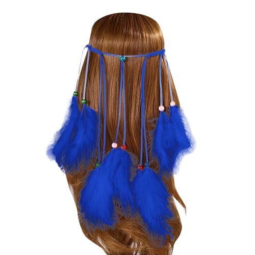 Pfau KopfschmuckIndianer in Stirnband mit Federn Indianer Kopfschmuck Pocahontas Haarband mit Perlen Indianerschmuck Damen Fashband (Blau) von Briskorry