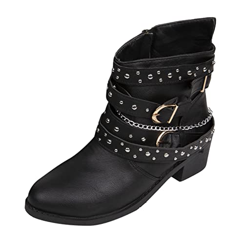 Stiefeletten Damen Biker Boots Combat Stiefel Vintage Biker Boots Retro Kurzschaft Westernstiefel Freizeit Chelsea Boots Vintage Knöchelstiefel Cowboy Stiefel mit Blockabsatz (FA-Black, 39) von Briskorry