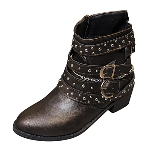 Stiefeletten Damen Biker Boots Combat Stiefel Vintage Biker Boots Retro Kurzschaft Westernstiefel Freizeit Chelsea Boots Vintage Knöchelstiefel Cowboy Stiefel mit Blockabsatz (FA-Brown, 42) von Briskorry