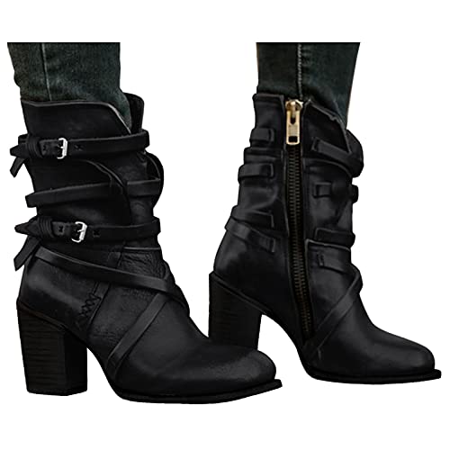 Stiefeletten Damen Biker Boots Combat Stiefel Vintage Biker Boots Retro Kurzschaft Westernstiefel Freizeit Chelsea Boots Vintage Knöchelstiefel Cowboy Stiefel mit Blockabsatz von Briskorry