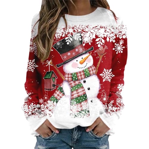 Weihnachtsshirt Damen Langarm Lustig,Rundhals Sweatshirt T-Shirt Weihnachtsmotiv Oberteile Bedruckte Hemd Bluse Tunika Tops Lang Pullover Langarmshirts Bluse Tshirts Weihnachtsbluse (Red-1, L) von Briskorry