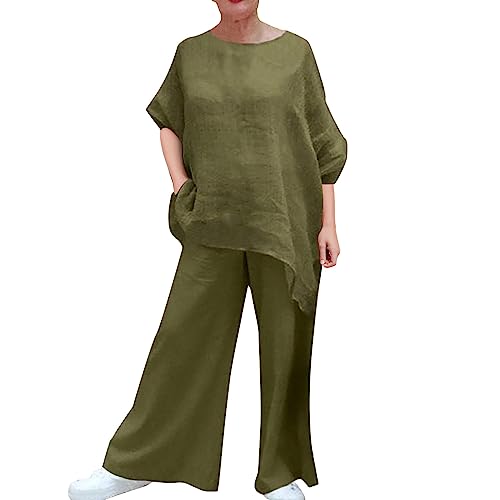 Zweiteiler Damen Sommer Musselin Blusen Und Lange Hose Sets 2 Teiler, Sommer Hemd Langarm Hohe Taille Weites Bein Hosen Outfits Damen Set, Plissee Hosenanzug Elegante Freizeitanzug (M1-Green, L) von Briskorry