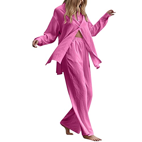 Zweiteiler Damen Sommer Musselin Blusen Und Lange Hose Sets 2 Teiler, Sommer Hemd Langarm Hohe Taille Weites Bein Hosen Outfits Damen Set, Plissee Hosenanzug Elegante Freizeitanzug (XA-Hot Pink, L) von Briskorry