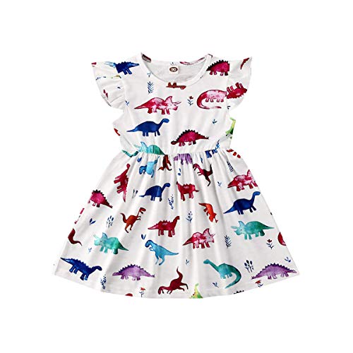 Baby Mädchen Kleid, Kleinkind Baby Kinder Mädchen Dinosaurier Kleid Cartoon Tier gedruckt Rüschen Ärmel Knielang A-Linie Kleid Sommer Outfits (Weiß, 3-4 Jahre) von BriskyM