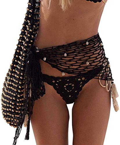 BriskyM Frauen häkeln Strand vertuschen Sarong Wrap mit Muscheln Netznetz Bikini vertuschen Muschel Strand Schal Mesh Badebekleidung Schals (Schwarz, 1) von BriskyM