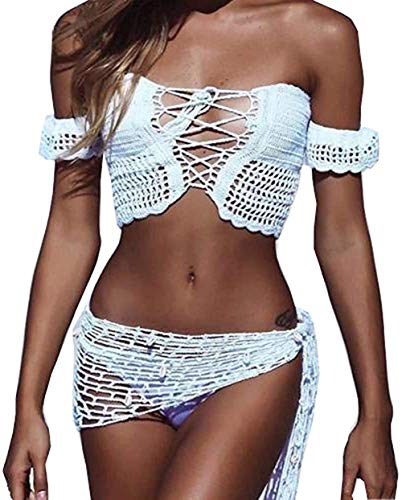 BriskyM Frauen häkeln Strand vertuschen Sarong Wrap mit Muscheln Netznetz Bikini vertuschen Muschel Strand Schal Mesh Badebekleidung Schals (Weiß, 1) von BriskyM