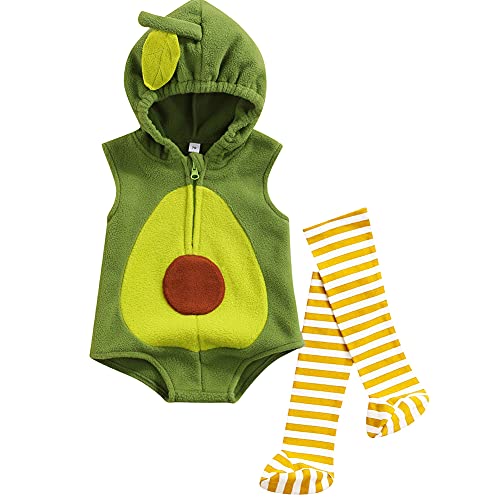 BriskyM Kleinkind Baby Halloween Avocado Kostüm Warmer Winter Jungen Mädchen Langarm Kapuzen Fleece Strampler Overall Outfits (0-6 Months, Grüner ärmelloser Strampler + Socke) von BriskyM