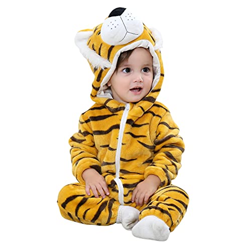 BriskyM Neugeborenes Baby Cartoon Overall Fleece Langarm Tier Mit Kapuze Reißverschluss Lange Hose Strampler Halloween Kleidung (12-18 Months, Tiger) von BriskyM