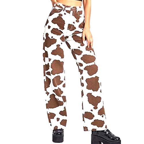 Frauen Milch Kuh Muster Straight Leg Jeans Hohe Taille Bedruckte Denim Lange Hose Bottom (Braun, L) von BriskyM