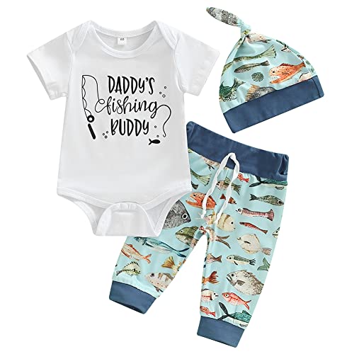 Neugeborene Baby Jungen Sommerkleidung Daddy's Fishing Buddy Bodysuit Romper + Fisch Gedruckt Lange Hose + Hut (9-12 Months, Weiß) von BriskyM