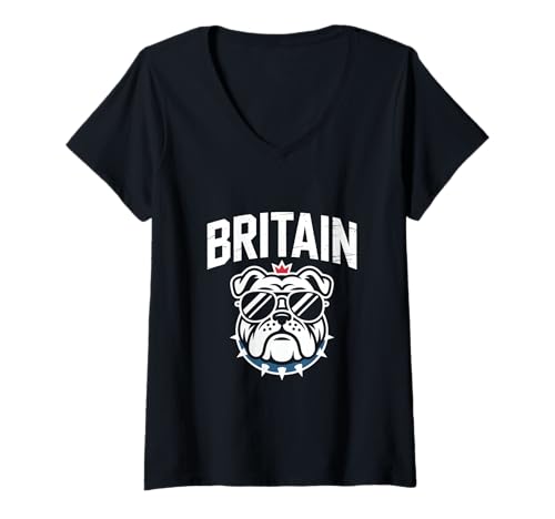 Damen Britain Britische Bulldogge Krone Sonnenbrille Cool T-Shirt mit V-Ausschnitt von Britische Bulldogge Britain Krone Sonnenbrille