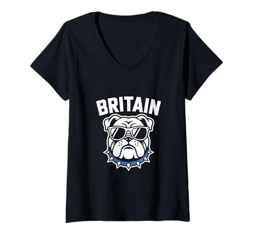Damen Britain Britische Bulldogge Sonnenbrille UK T-Shirt mit V-Ausschnitt von Britische Bulldogge Britain UK Hund Cool