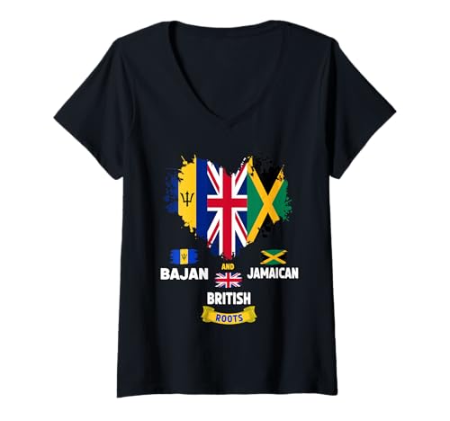 Damen Bajan British & Jamaican Flag Outfit Idee für Kinder Heritage T-Shirt mit V-Ausschnitt von British Bajan Jamaican Roots Themed Idea For Women