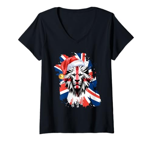 Damen Be British Xmas Crimbo Flagge UK Englisch T-Shirt mit V-Ausschnitt von British Christmas Store