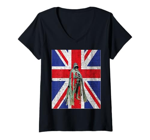 Damen Union Jack Excalibur England Vereinigtes Königreich Britische Kultur T-Shirt mit V-Ausschnitt von British Culture Cheffsspecials