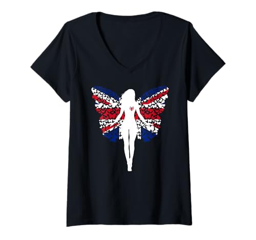 Damen Britisches Mädchen Vereinigtes Königreich Flagge Butterfly T-Shirt mit V-Ausschnitt von British Girl UK Great Britain Flag Butterfly