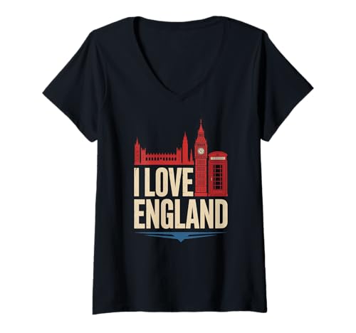 Damen Ich Liebe England Big Ben London Skyline T-Shirt mit V-Ausschnitt von British Heritage Cityscape Travel Icons
