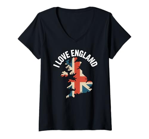 Damen I Love England Union Jack Karte Britisch T-Shirt mit V-Ausschnitt Damen I Love England Union Jack Karte Britisch T-Shirt mit V-Ausschnitt von British Heritage Enthusiasts Pride Culture