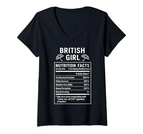 Damen Lustiges Britisches Mädchen, stolze Frauen mit britischen Wurzeln T-Shirt mit V-Ausschnitt von British Humor Gifts for Women of the UK