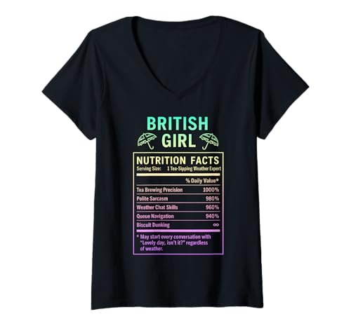 Damen Lustiges Britisches Mädchen, stolze Frauen mit britischen Wurzeln T-Shirt mit V-Ausschnitt von British Humor Gifts for Women of the UK