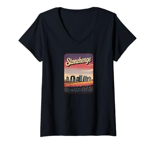 Damen Stonehenge England-Souvenir Stonehenge T-Shirt mit V-Ausschnitt von British Prehistory Stonehenge Souvenir Store