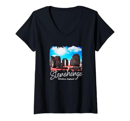Damen Stonehenge England-Souvenir Stonehenge T-Shirt mit V-Ausschnitt von British Prehistory Stonehenge Souvenir Store