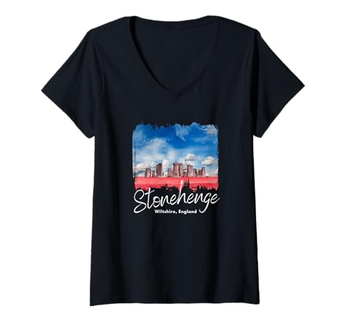 Damen Stonehenge England-Souvenir Stonehenge T-Shirt mit V-Ausschnitt von British Prehistory Stonehenge Souvenir Store