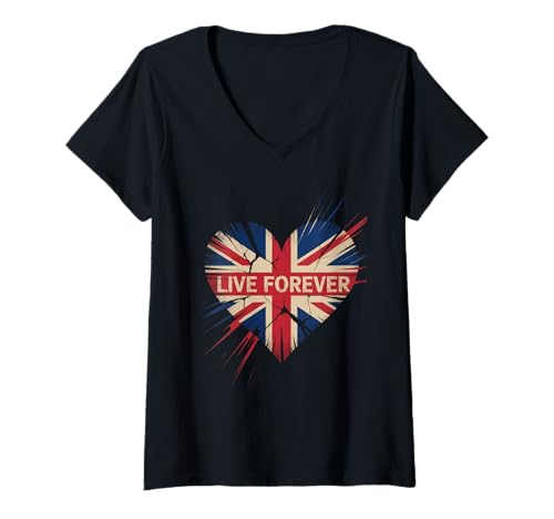 Damen Lustiger Spruch Live Forever Grunge UK Flagge Herz Kunst Frauen Männer T-Shirt mit V-Ausschnitt Damen Lustiger Spruch Live Forever Grunge UK Flagge Herz Kunst Frauen Männer T-Shirt mit V-Ausschnitt von British Pride Music Love Distressed Vintage Style