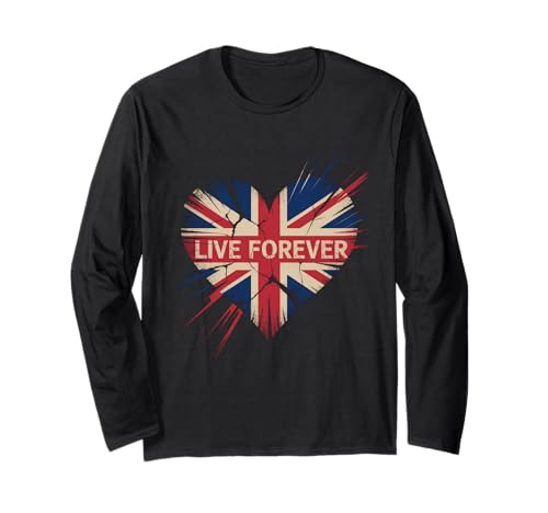 Lustiger Spruch Live Forever Grunge UK Flagge Herz Kunst Frauen Männer Langarmshirt von British Pride Music Love Distressed Vintage Style