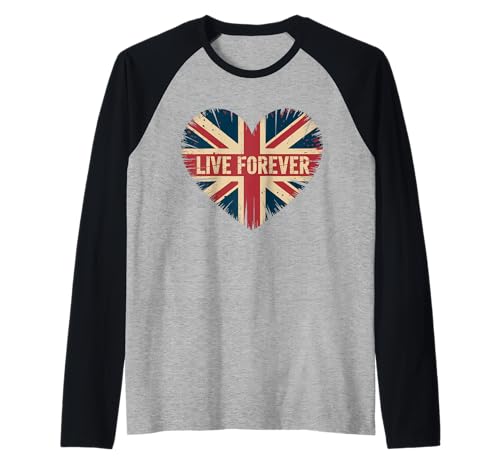 Lustiger Spruch Live Forever Grunge UK Flagge Herz Kunst Frauen Männer Raglan von British Pride Music Love Distressed Vintage Style