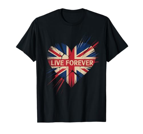 Lustiger Spruch Live Forever Grunge UK Flagge Herz Kunst Frauen Männer T-Shirt von British Pride Music Love Distressed Vintage Style