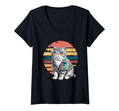 Damen Britisch Kurzhaar Katze Sonnenbrille Hawaii Strand Sommer T-Shirt mit V-Ausschnitt Damen Britisch Kurzhaar Katze Sonnenbrille Hawaii Strand Sommer T-Shirt mit V-Ausschnitt von British Shorthair Cat Lover Gifts