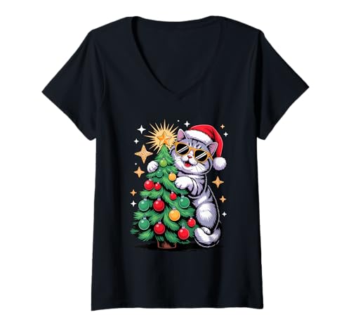 Damen Christmas Tree British Shorthair Sunglasses T-Shirt mit V-Ausschnitt von British Shorthair Cat Lover Gifts