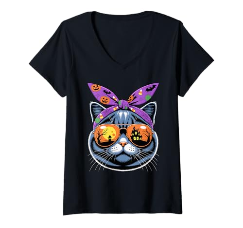 Damen Halloween Bandana British Shorthair T-Shirt mit V-Ausschnitt von British Shorthair Cat Lover Gifts