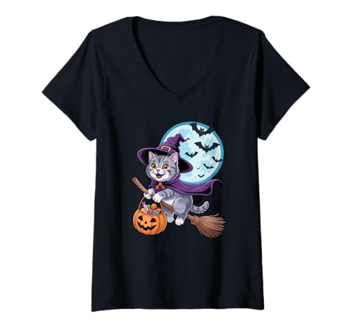 Damen Halloween Witch British Shorthair Moon T-Shirt mit V-Ausschnitt von British Shorthair Cat Lover Gifts