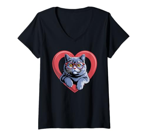 Damen Herz British Shorthair Brille T-Shirt mit V-Ausschnitt von British Shorthair Cat Lover Gifts