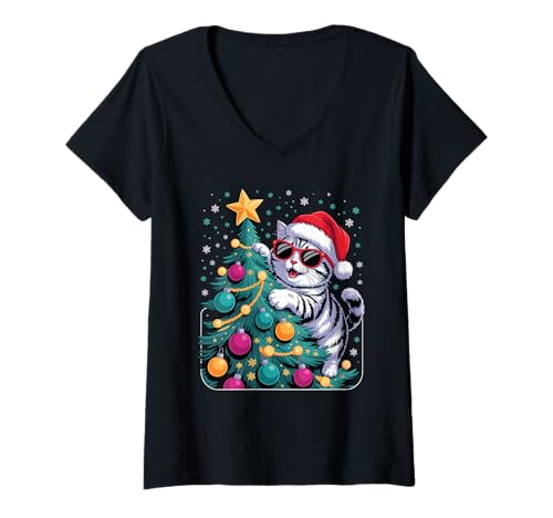 Damen Weihnachtsbaum British Shorthair Sonnenbrille T-Shirt mit V-Ausschnitt Damen Weihnachtsbaum British Shorthair Sonnenbrille T-Shirt mit V-Ausschnitt von British Shorthair Cat Lover Gifts
