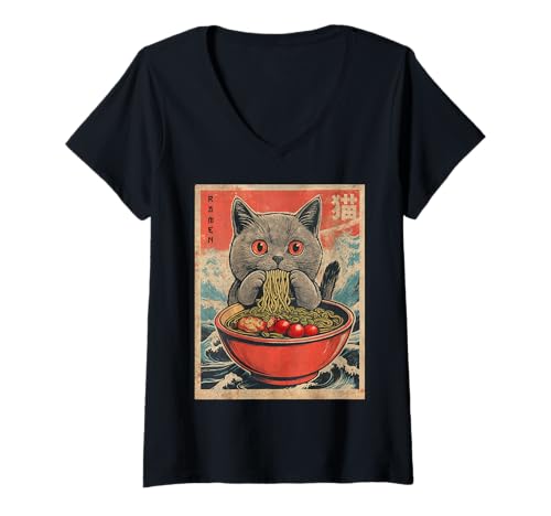 Damen Süßes Britisches Kurzhaarkatzen-Ramen-Anime-T-Shirt Kawaii Japanisch T-Shirt mit V-Ausschnitt Damen Süßes Britisches Kurzhaarkatzen-Ramen-Anime-T-Shirt Kawaii Japanisch T-Shirt mit V-Ausschnitt von British Shorthair Cat Ramen Anime Tee Kawaii Style