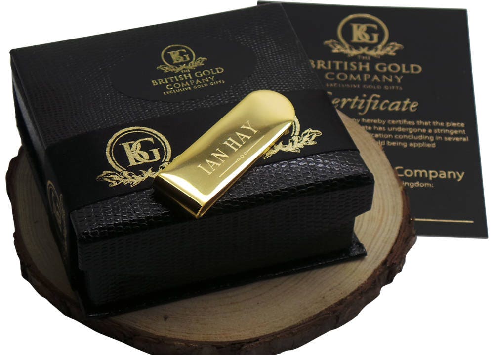 24 K Gold Plattierter Geldscheinklammer-Geldkartenhalter Überzogen in Luxusgeschenkbox, Die Freie Gravur Gravierte Monogrammierte Benutzerdefinierte von BritishGoldCompany