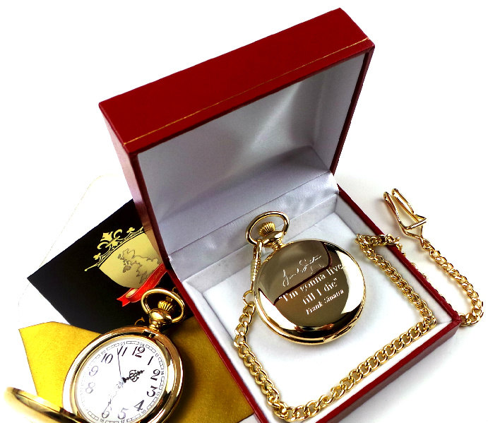 24K Plattierte Frank Sinatra Vergoldete Taschenuhr in Einer Luxus-Geschenkbox Mit Zertifikat Eingraviertes Zitat Signierte Signierte Filmmemorabilie von BritishGoldCompany